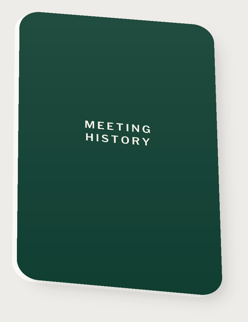 The Meeting History booklet, closed: a dark green pocket notebook with the words MEETING HISTORY in cream on the cover.