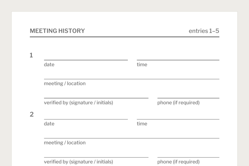 A record page: a header reading MEETING HISTORY with the range of entries it holds, then numbered entries, each with ruled lines labelled date, time, meeting slash location, verified by with signature or initials, and phone if required.