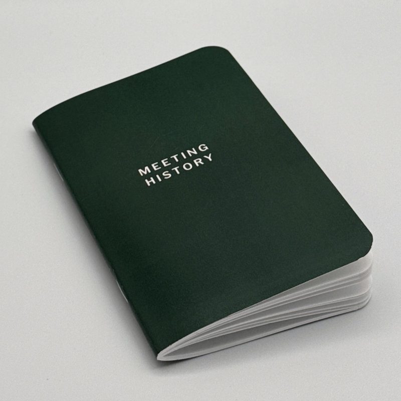 Meeting History booklet, front cover at an angle.
