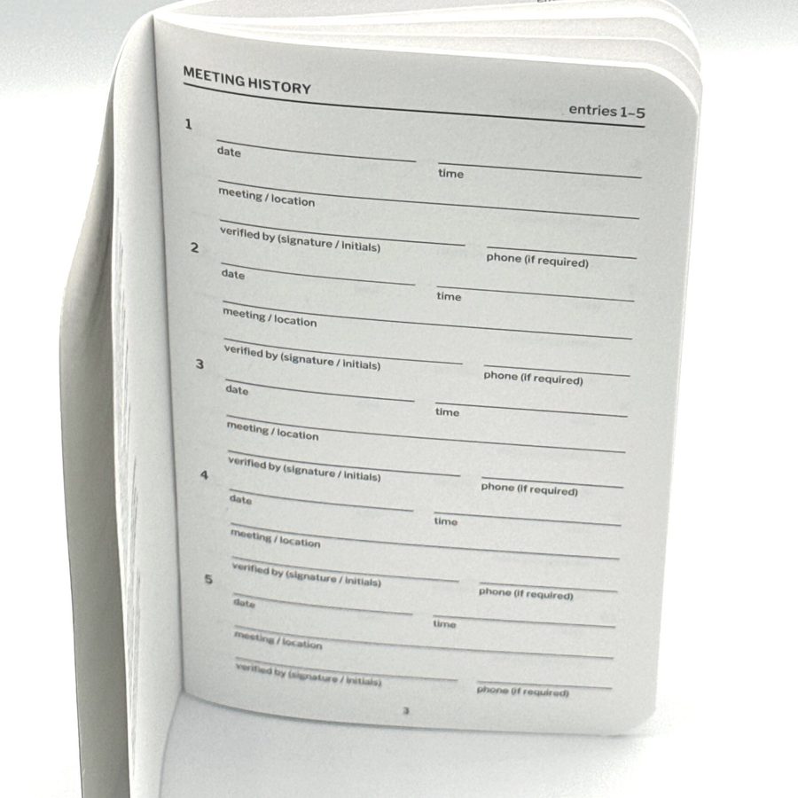 Numbered entry page with date, time, meeting, verified by, and phone lines.